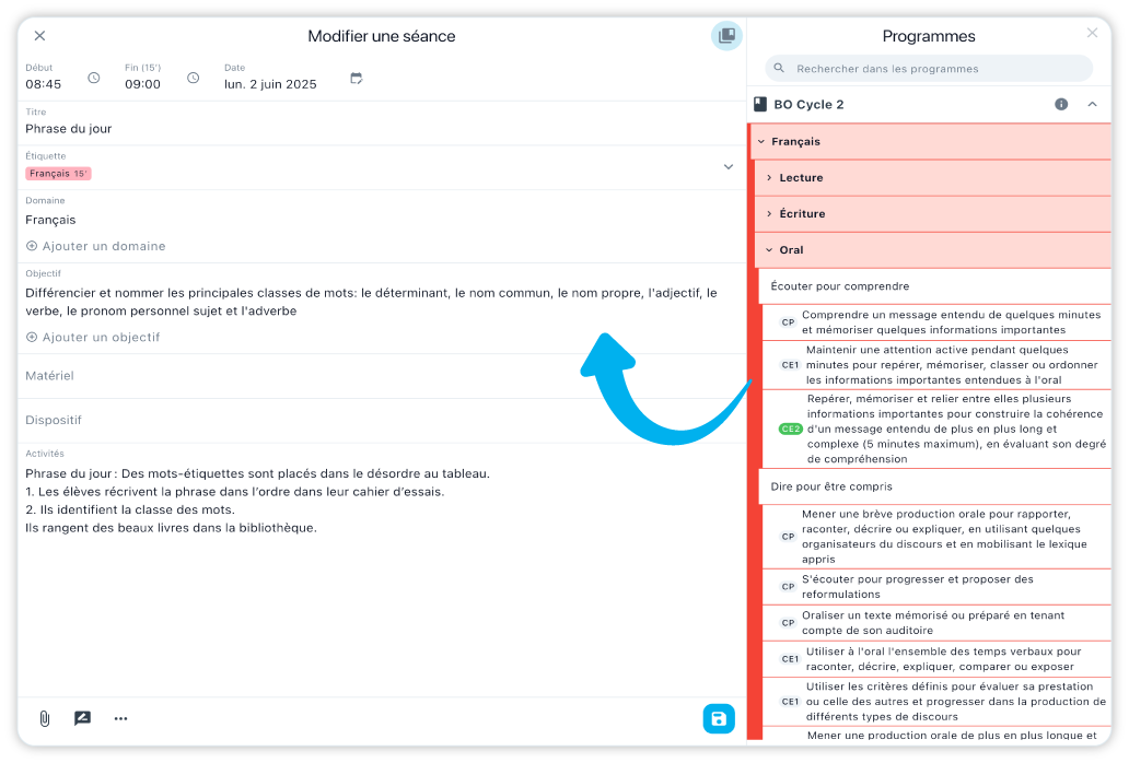 Les programmes liés aux séances du cahier journal