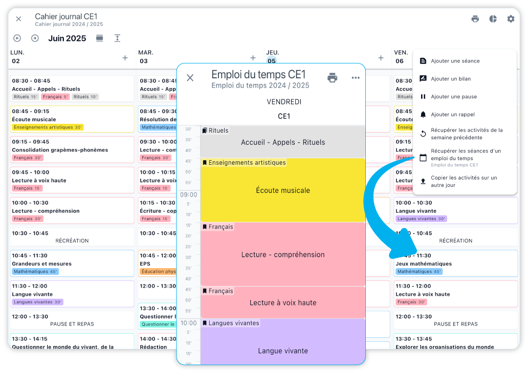 Alimentation des séances du cahier journal avec l'emploi du temps