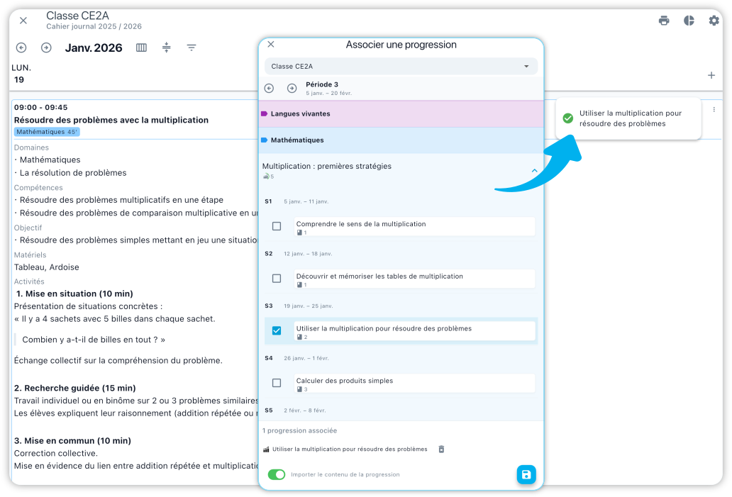 Association des progressions au cahier journal